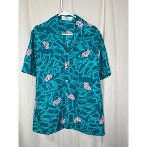 1970s Hilo Hattie's Floral Tropical Guitar Ukelele Hawaiian Resort Teal Shirt L
